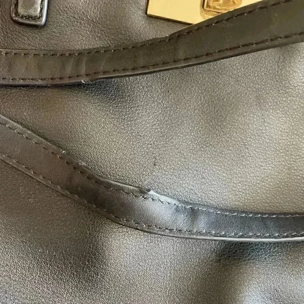 Kate Spade New York Logo Black Leather Tote Double Handles Shoulder Bag Ruffle